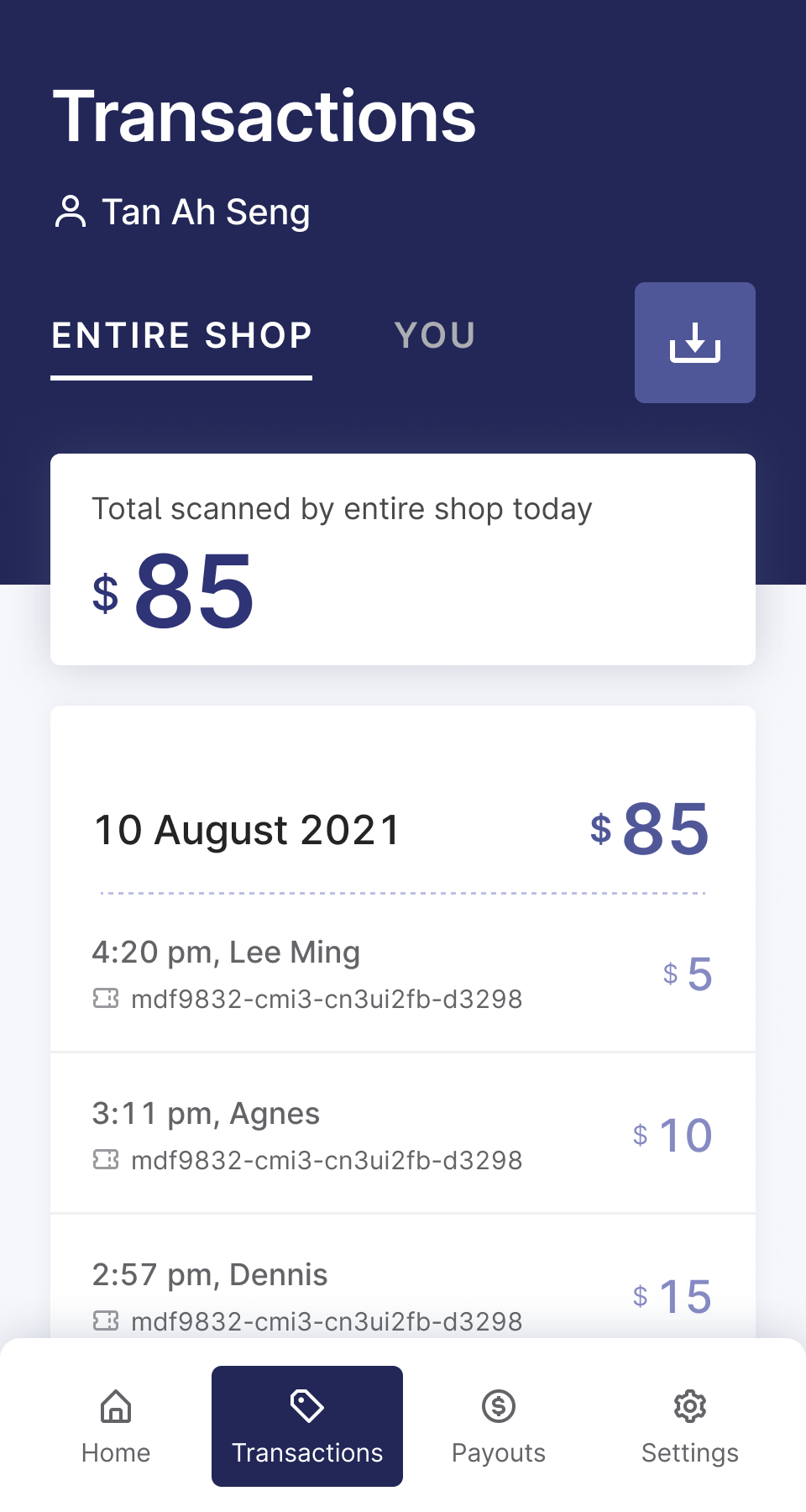 Transactions screen